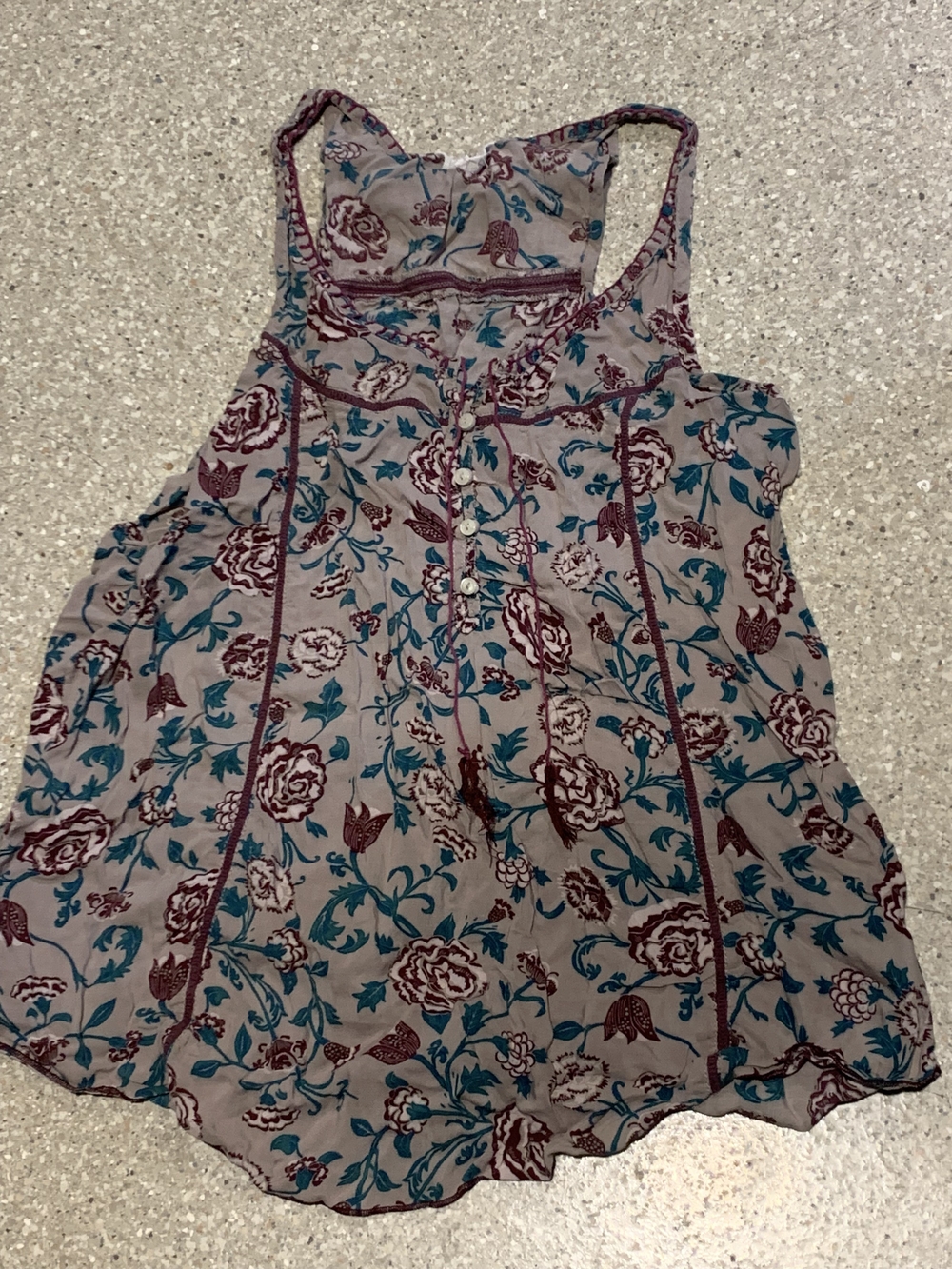 #659 "Sun & Shadow" Taupe Floral Racerback Tank with Teal & Burgundy Accents
